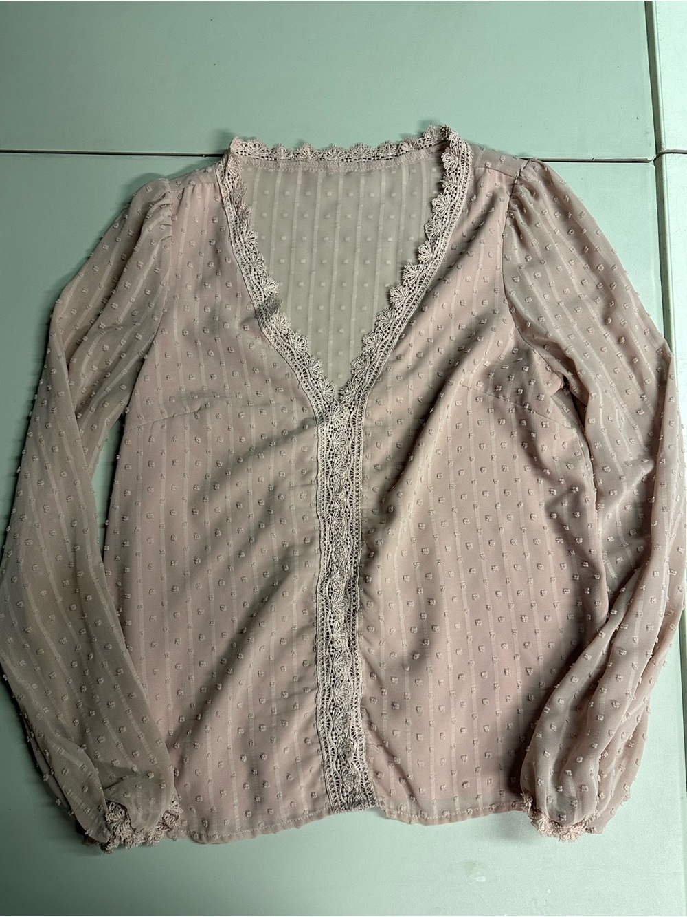 Sheer Swiss Dot V-Neck Long Sleeve Blouse Sz M